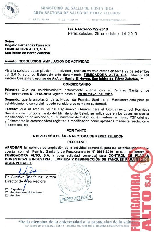 Permisos Sanitarios Pérez Zeledón Zona Sur Costa Rica Fumigadora Alto 9407